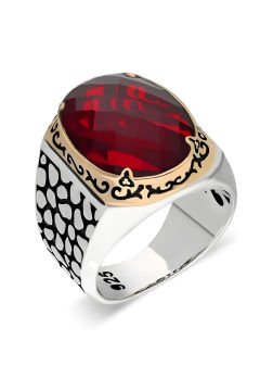 Benekli Model Kırmızı Zirkon Taşlı Gümüş Yüzük