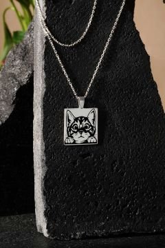 Sevimli Kedi Model Siyah Mineli Gümüş Kolye