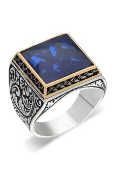 Kare Model Kalem İşlemeli Mavi Zirkon Taşlı Yüzük