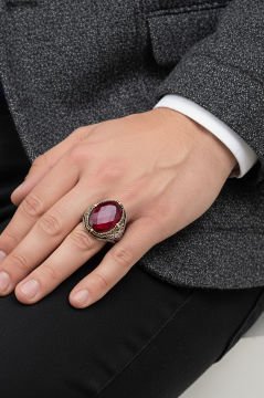Kırmızı Zirkon Taşlı Gümüş Erkek Yüzük