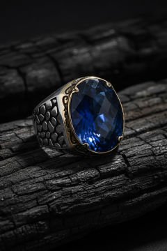 Benekli Model Mavi Zirkon Taşlı Gümüş Erkek Yüzük