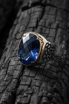 Benekli Model Mavi Zirkon Taşlı Gümüş Erkek Yüzük