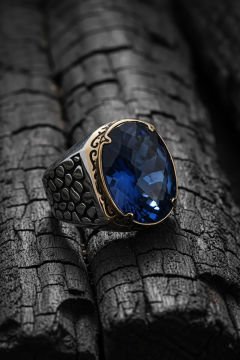 Benekli Model Mavi Zirkon Taşlı Gümüş Erkek Yüzük