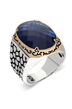 Benekli Model Mavi Zirkon Taşlı Gümüş Erkek Yüzük