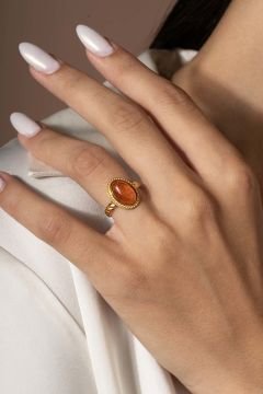 Damla Kehribar Taşlı Minimal Gümüş Yüzük Altın Rengi - 19
