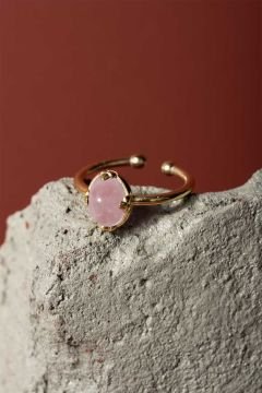 Pembe Kuvars Taşlı Minimal Gümüş Ayarlanabilir Kadın Yüzük Altın Rengi - 18