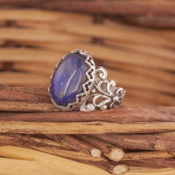 Rumi Model Lapis Lazuli Taşlı El İşi Gümüş Yüzük
