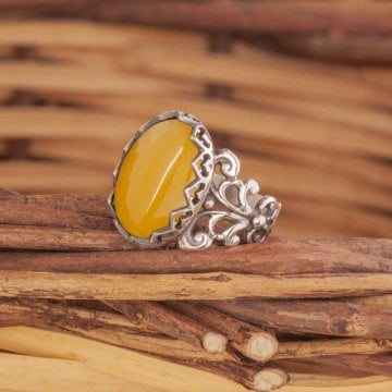 Rumi Model Sarı Akik Taşlı El İşi Gümüş Yüzük