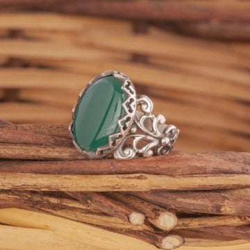 Rumi Model Yeşil Akik Taşlı El İşi Gümüş Yüzük