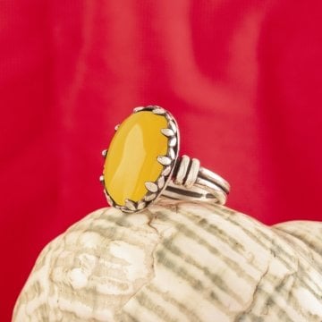 Çift Kol Model Sarı Akik Taşlı El İşi Gümüş Yüzük