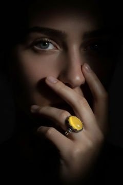 Çift Kol Model Sarı Akik Taşlı El İşi Gümüş Yüzük