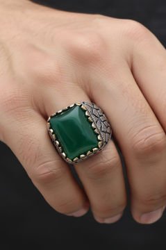Yeşil Akik Taşlı Gümüş Yüzük