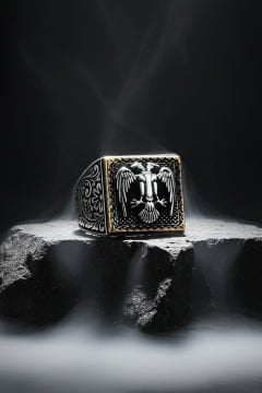 Kare Model Kalem İşlemeli Selçuklu Kartalı Yüzük