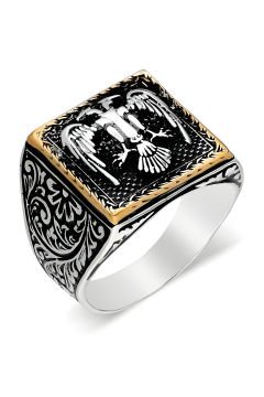 Kare Model Kalem İşlemeli Selçuklu Kartalı Yüzük