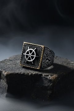 Kare Model Kalem İşlemeli Gemi Dümeni Yüzük