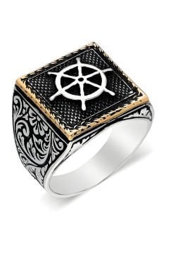 Kare Model Kalem İşlemeli Gemi Dümeni Yüzük