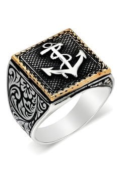 Kare Model Kalem İşlemeli Çapa Desenli Yüzük