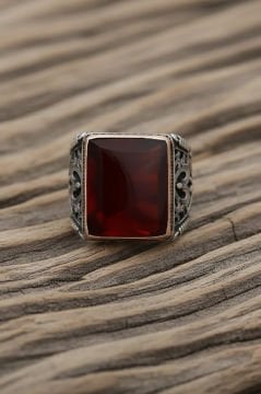 Büyük Boy Dikdörtgen Model Akik Taşlı Gümüş Yüzük