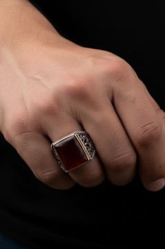 Büyük Boy Dikdörtgen Model Akik Taşlı Gümüş Yüzük