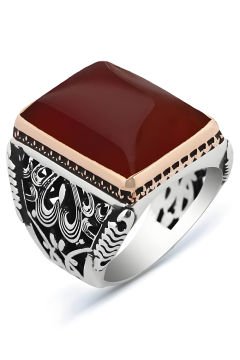 Büyük Boy Dikdörtgen Model Akik Taşlı Gümüş Yüzük