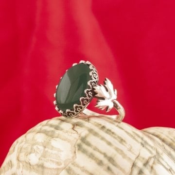 Çınar Yaprağı Yeşil Akik Taşlı El İşi Gümüş Yüzük