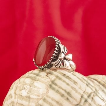 Kurdele Model Akik Taşlı El İşi Gümüş Yüzük