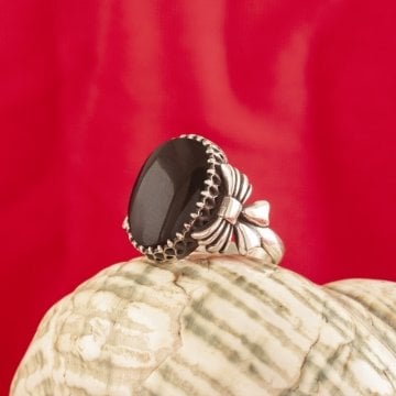 Kurdele Model Oniks Taşlı El İşi Gümüş Yüzük