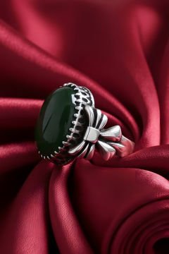 Kurdele Model Yeşil Akik Taşlı El İşi Gümüş Yüzük