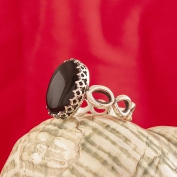 Sonsuzluk Model Oniks Taşlı El İşi Gümüş Yüzük