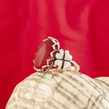 Yonca Model Akik Taşlı El İşi Gümüş Yüzük