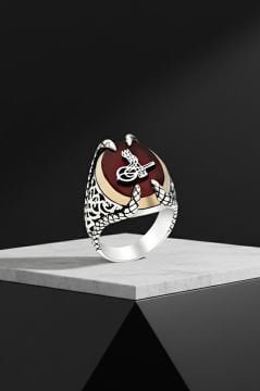 Pençe Model Akik Taş Üzeri Tuğra Gümüş Yüzük