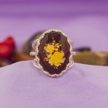 Damla Kehribar İçine Gül Oyma El İşi Gümüş Yüzük