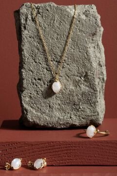 Doğal Ay Taşı Taşlı Minimal Gümüş Kadın Takı Seti Altın Rengi - 12