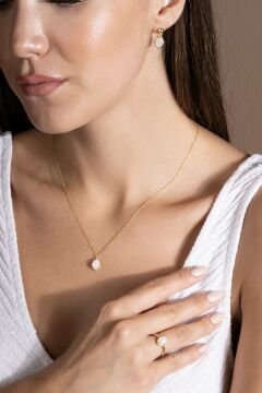 Doğal Ay Taşı Taşlı Minimal Gümüş Kadın Takı Seti Altın Rengi - 12