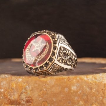 Ay Yıldız Mineli Gravür Sarmaşık Model Yüzük