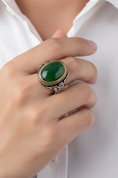 Yeşil Akik Taşlı Gümüş Erkek Yüzük