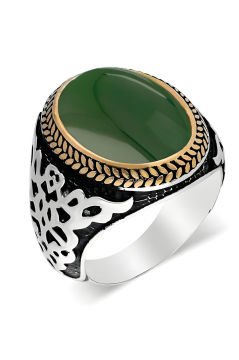 Yeşil Akik Taşlı Gümüş Erkek Yüzük