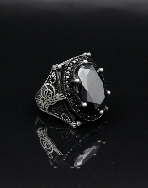 Tuğralı Siyah Gümüş Erkek Yüzüğü