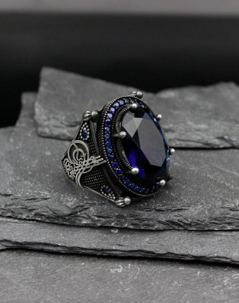 Tuğralı Mavi Gümüş Erkek Yüzüğü