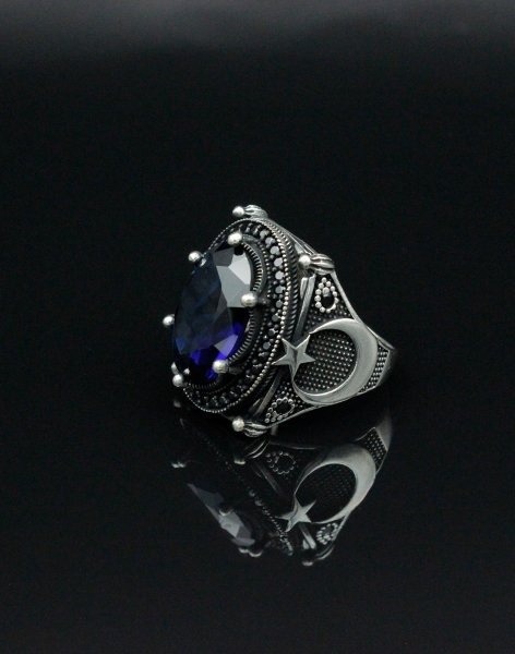 Ay Yıldız İşlemeli Mavi Taşlı Gümüş Erkek Yüzüğü