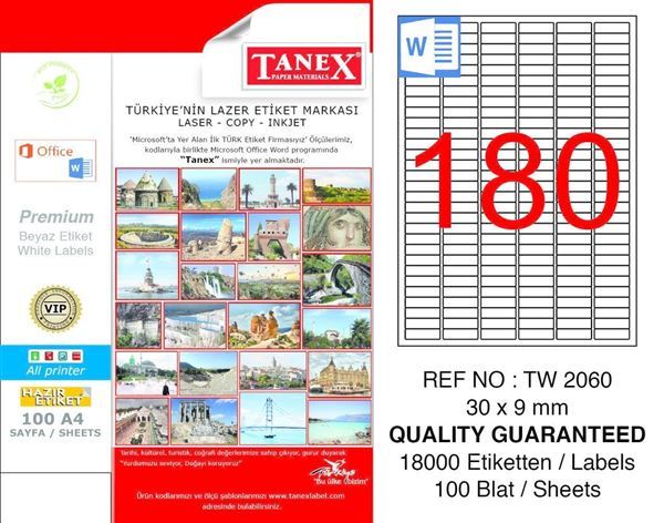 Tanex Tw-2060 30X9 mm Lazer Etiket 100'Lü