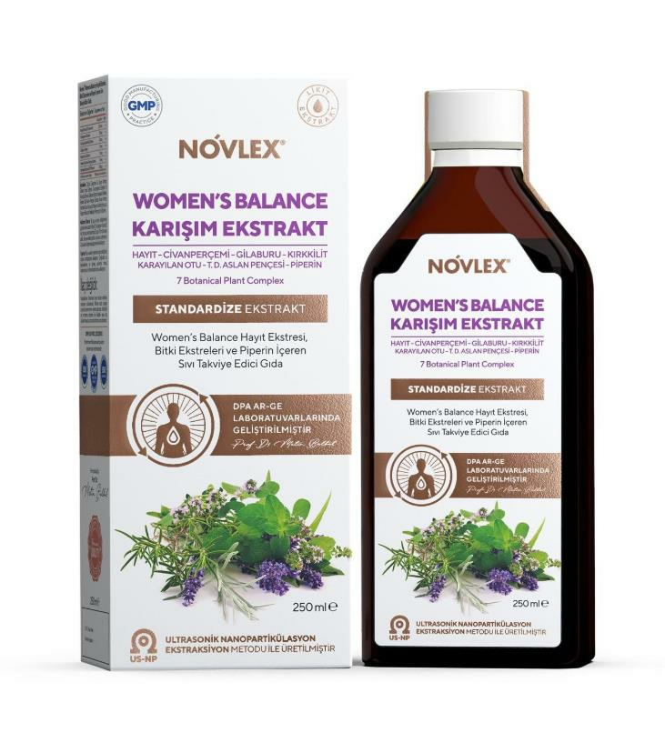 Novlex® Women’s Balance Hayıt, Civanperçemi, Gilaburu, At Kuyruğu (Kırkkilit), Karayılan Otu, Testere Dişli Aslan Pençesi ve Piperin Ekstraktı (Ekstre) İçeren Sıvı Takviye Edici Gıda 250 ml