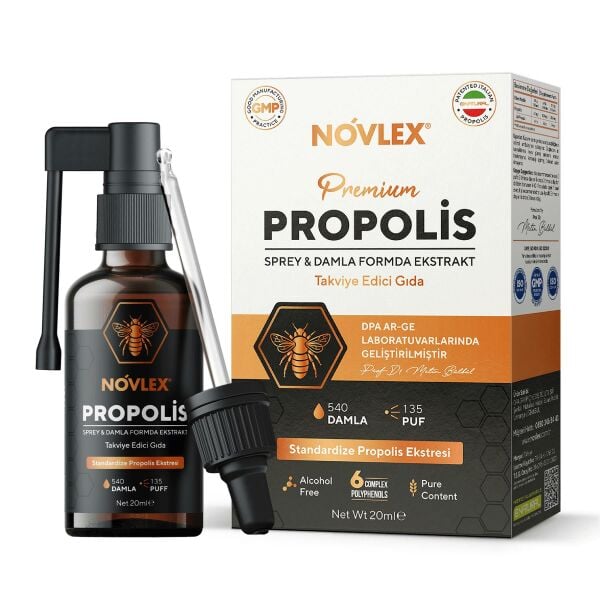 Novlex® Propolis Ekstrakt (Su Bazlı-Alkolsüz) Nane Aromalı Sprey & Damla Takviye Edici Gıda 20ml
