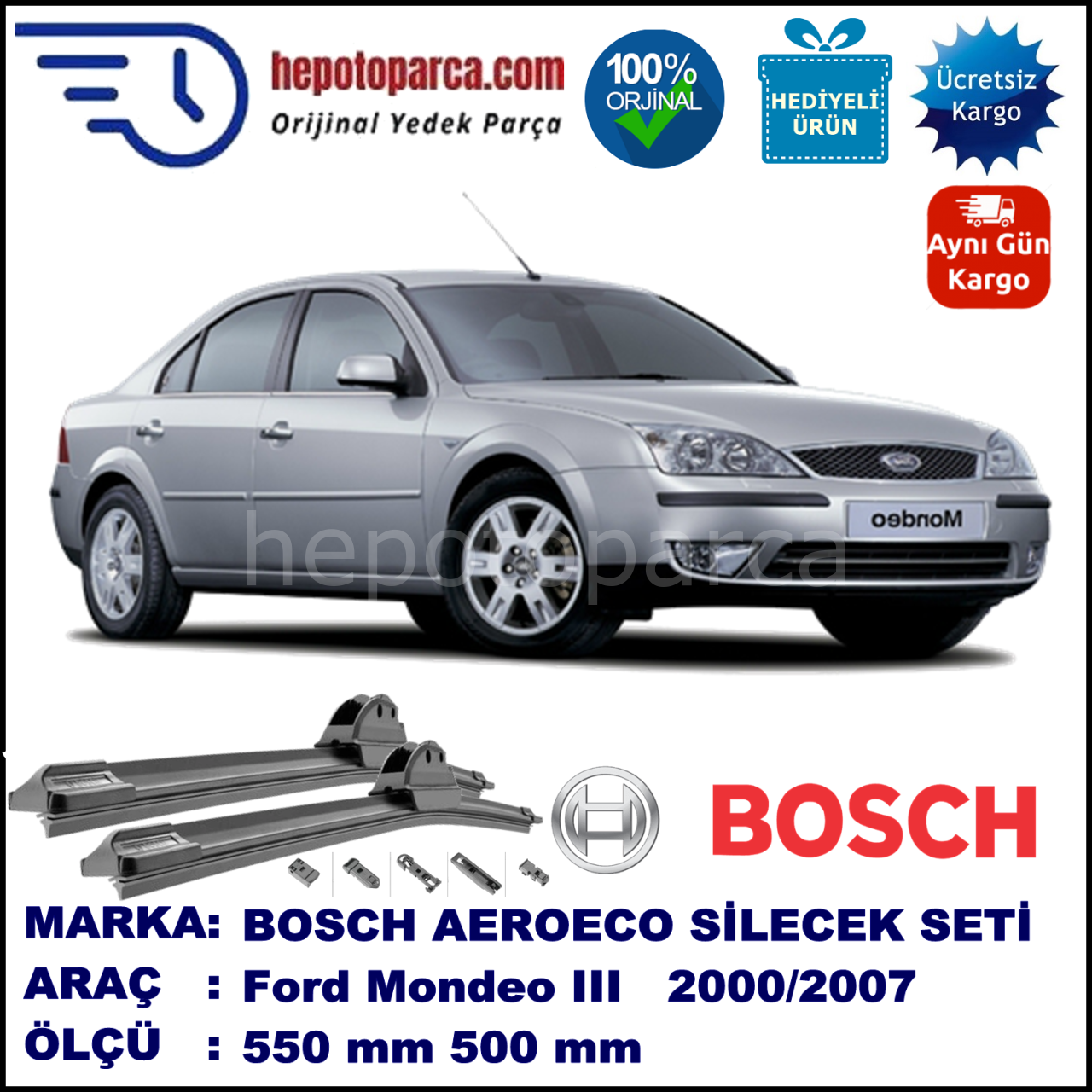 FORD Mondeo III [01] 10.2000-03.2007, 550 / 500 mm. BOSCH AEROECO Aparatlı Muz Silecek