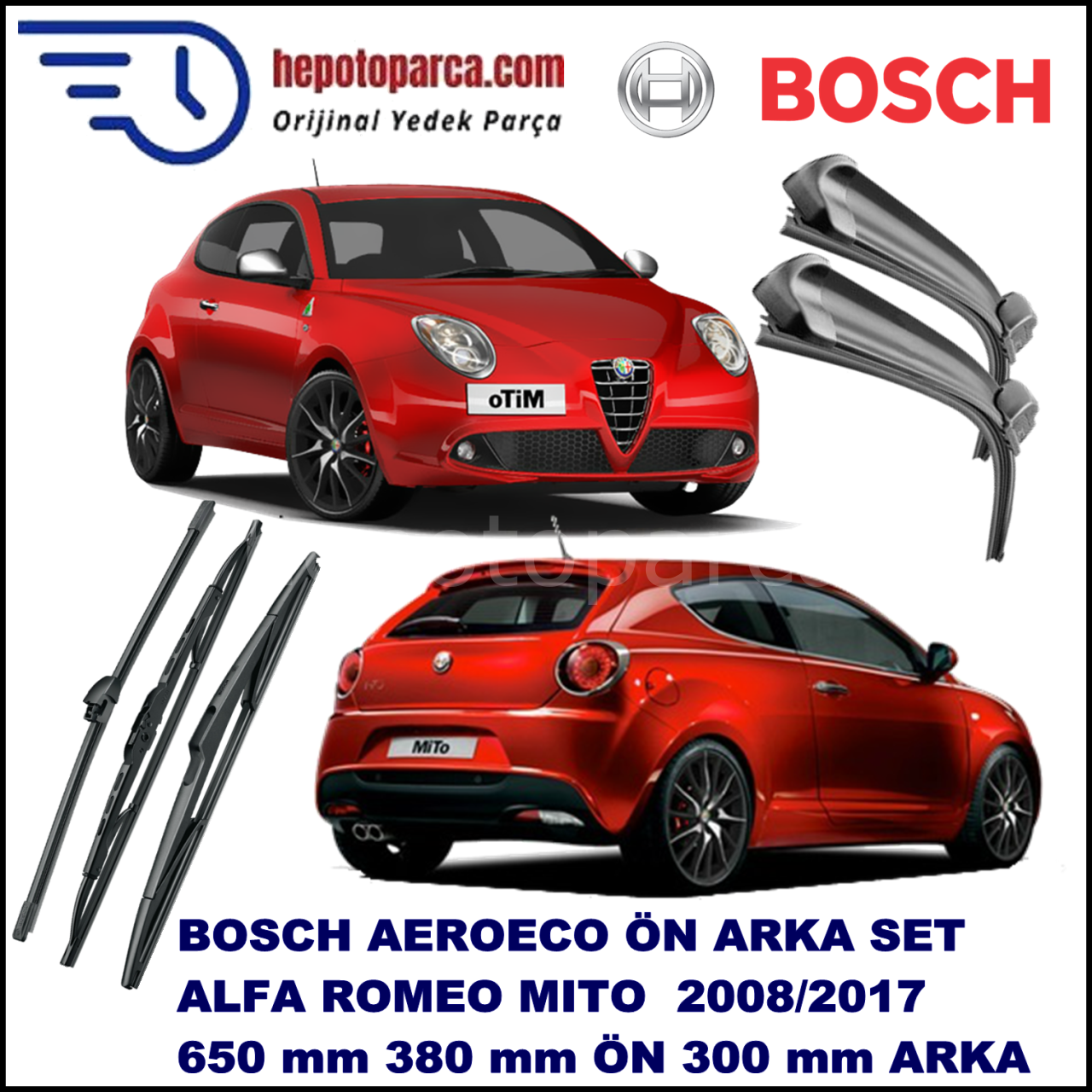 ALFA ROMEO Mito [955] 08,2008-,,, Bosch Aeroeco Ön ve Arka Silecek Takımı