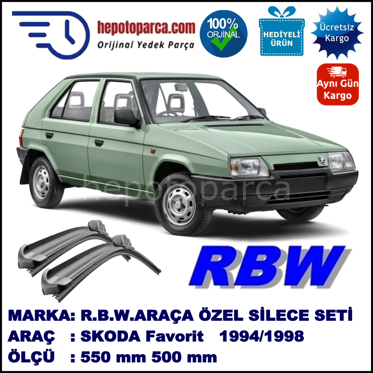 SKODA Favorit  10.94-12.98 500 / 500 mm. RBW Muz Silecek Seti  2'li Takım. U Kanca Uyumludur.
