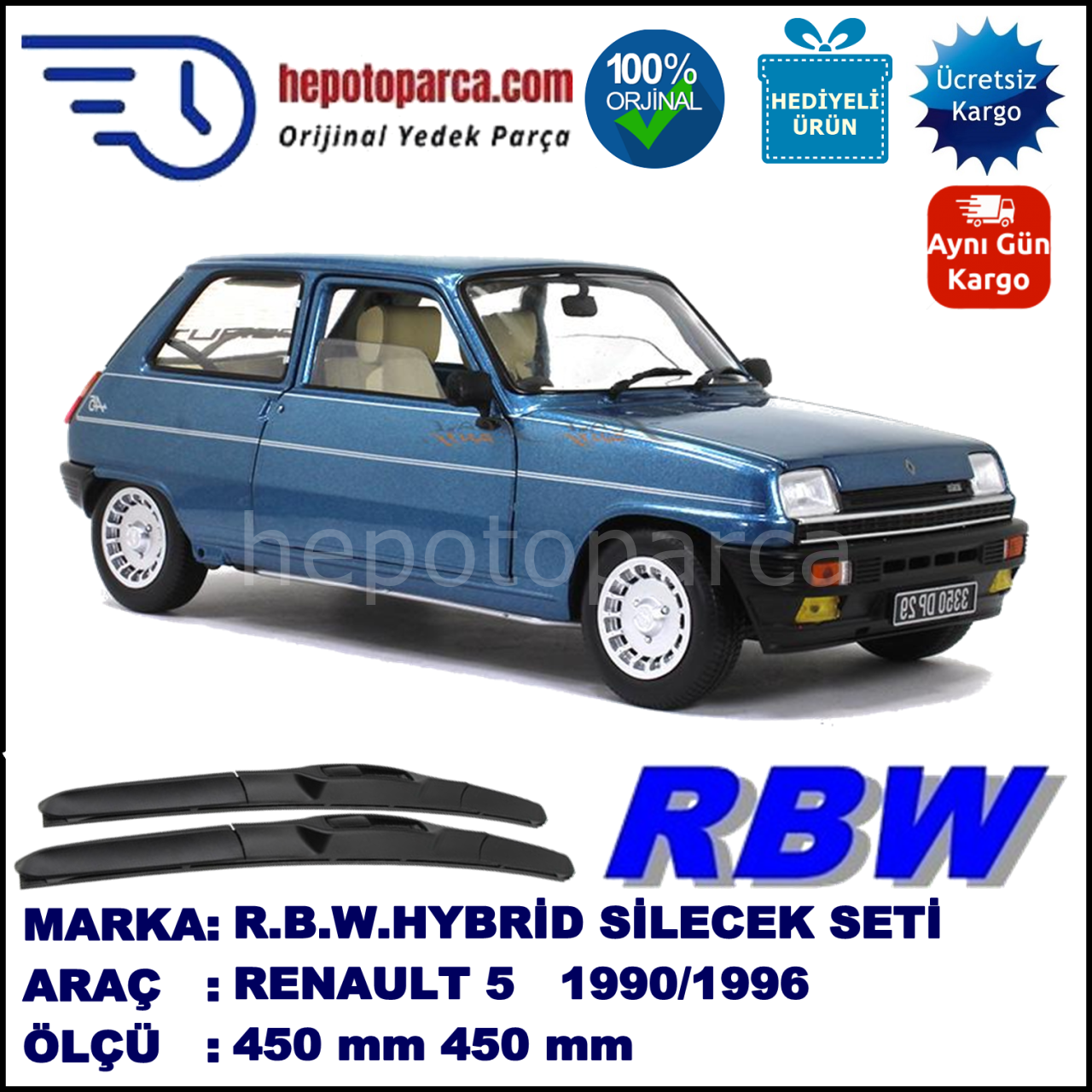 RENAULT 5  03.90-12.96 450 / 450 mm. RBW Hybrid Silecek Seti. U Kanca Uyumlu Hibrit