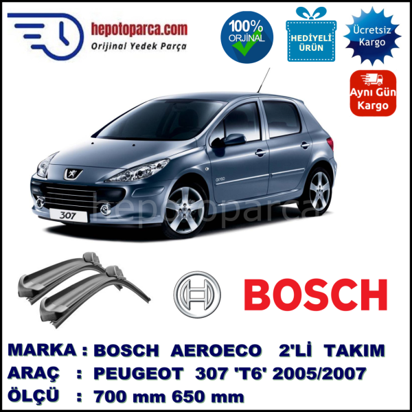 PEUGEOT 307 [T6] 06.2005-08.2007, 700 / 650 mm. BOSCH AEROECO Aparatlı Muz Silecek