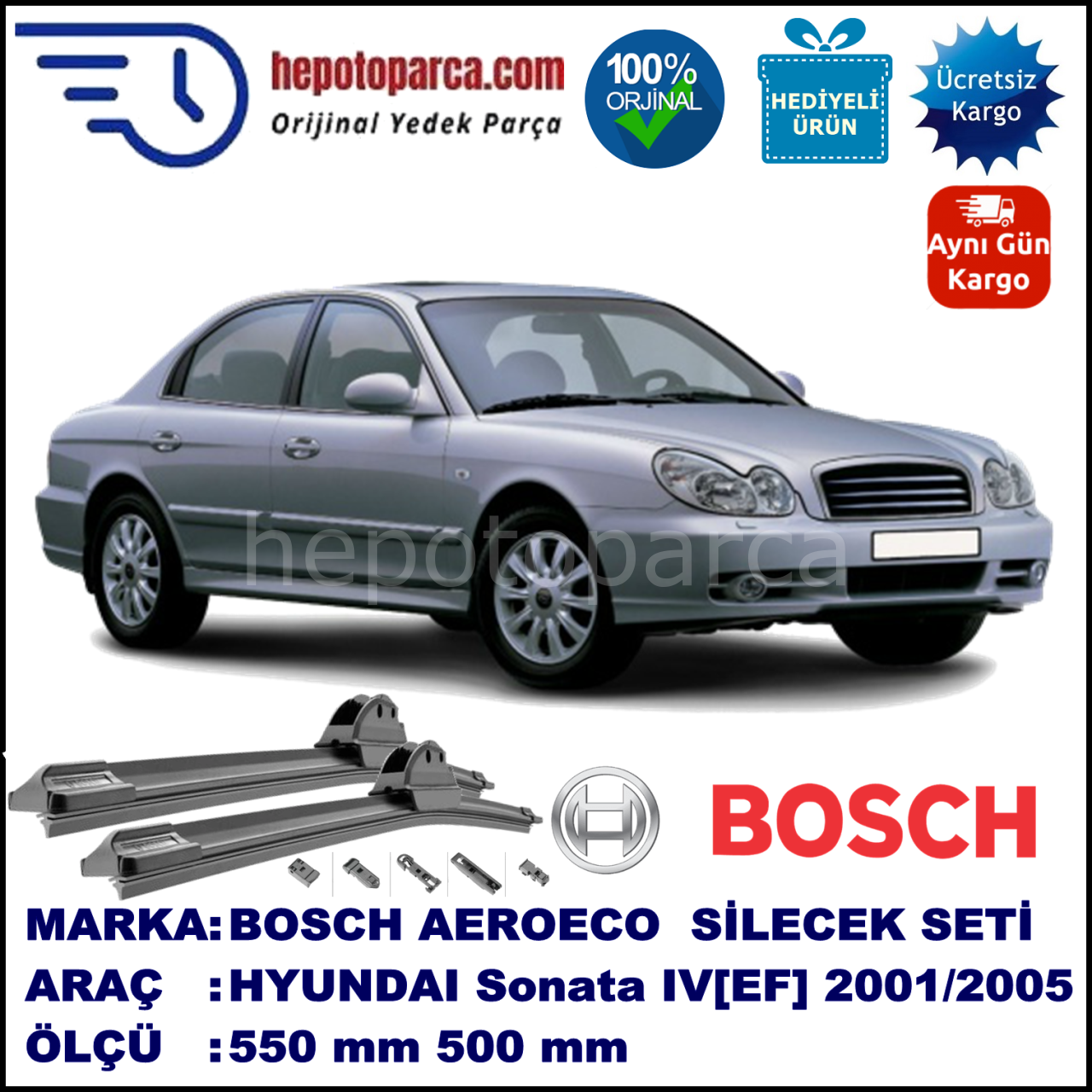 HYUNDAI Sonata IV [EF] 04.2001-01.2005, 550 / 500 mm. BOSCH AEROECO Aparatlı Muz Silecek