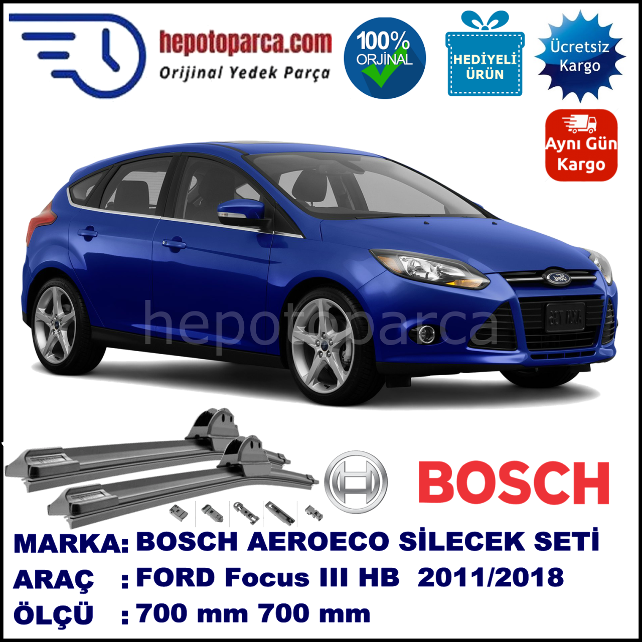 FORD Focus III [11] 01.2011-..., 700 / 700 mm. BOSCH AEROECO Aparatlı Muz Silecek